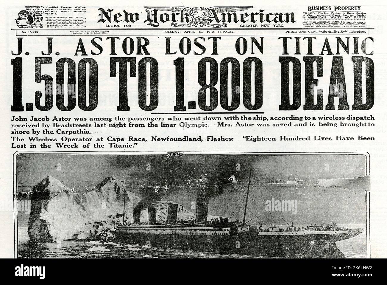 The Front Page of New York American - Tuesday, 16. April 1912 Ausgabe, die über die Titanic-Katastrophe und den Verlust des bedeutenden Passagiers John Jacob Astor IV berichtet Datum: 1912 Stockfoto