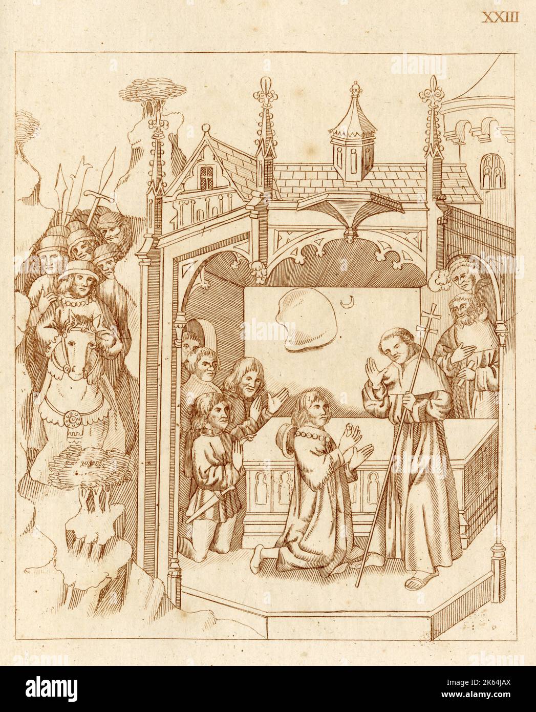Richard Beauchamp, Earl of Warwick, und seine Kompanie kommen am Heiligen Grabmal in Jerusalem an; Beauchamp kniet vor dem Grab in der Grabkapelle des Heiligen Grabes und opfert einem Mönch. Stockfoto