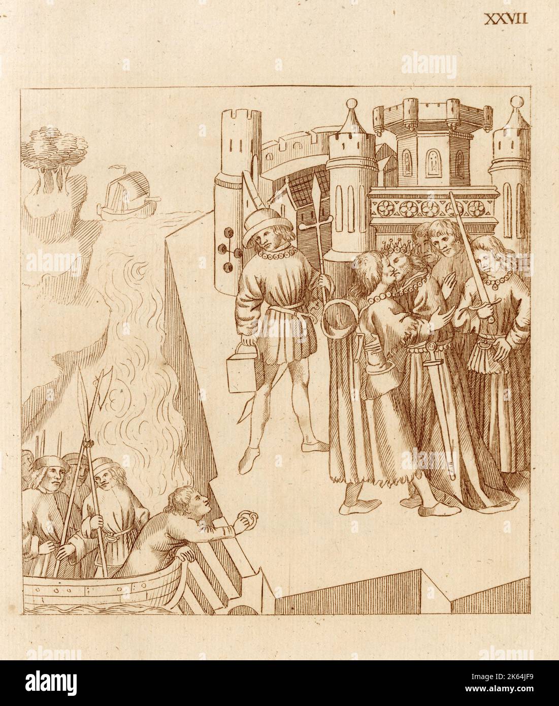 Richard Beauchamp, Graf von Warwick, kehrt nach Venedig zurück, wo er am Kai vom Dogen und seinem Gefolgsmann empfangen wird. Stockfoto