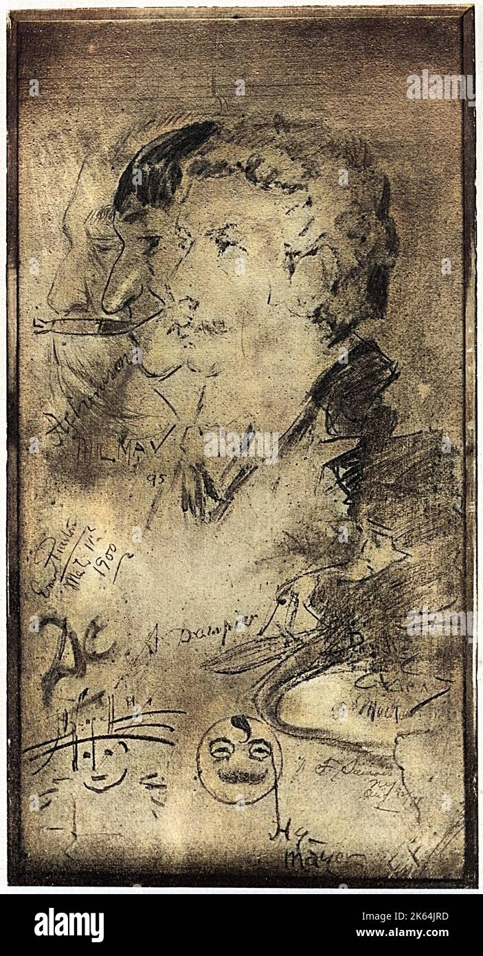 Doodlings in einem Panel im Paganis Restaurant, Great Portland Street, London, einschließlich eines Selbstporträts von Phil May (1864-1903). Das Restaurant verfügt über einen Artists' Room (reserviert für Partys), der mit Zeichnungen und Autogrammen wie diesen verziert ist. Stockfoto