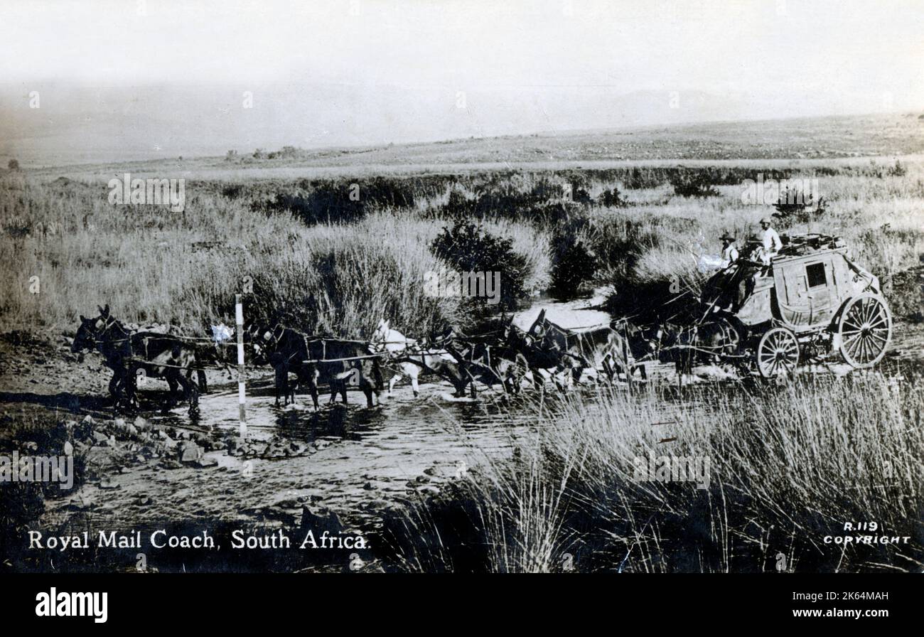 Zehn Pferde Royal Mail Coach, der einen Bach durchquert - Südafrika. Stockfoto