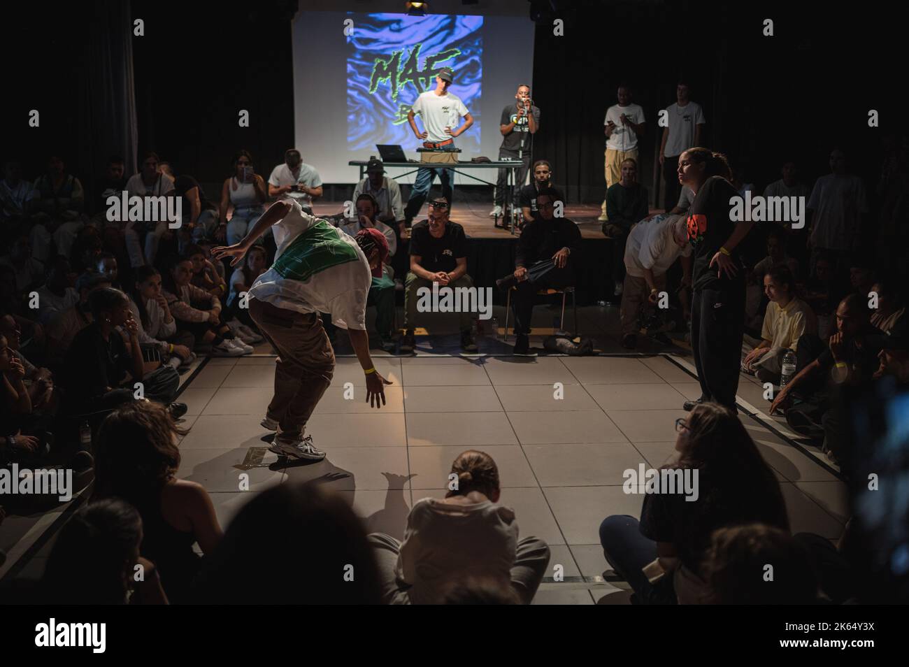 MAF Battle, Urban und Street Dance Event organisiert von Mafiia Crew während El Pilar Fiestas in Zaragoza, Spanien Stockfoto