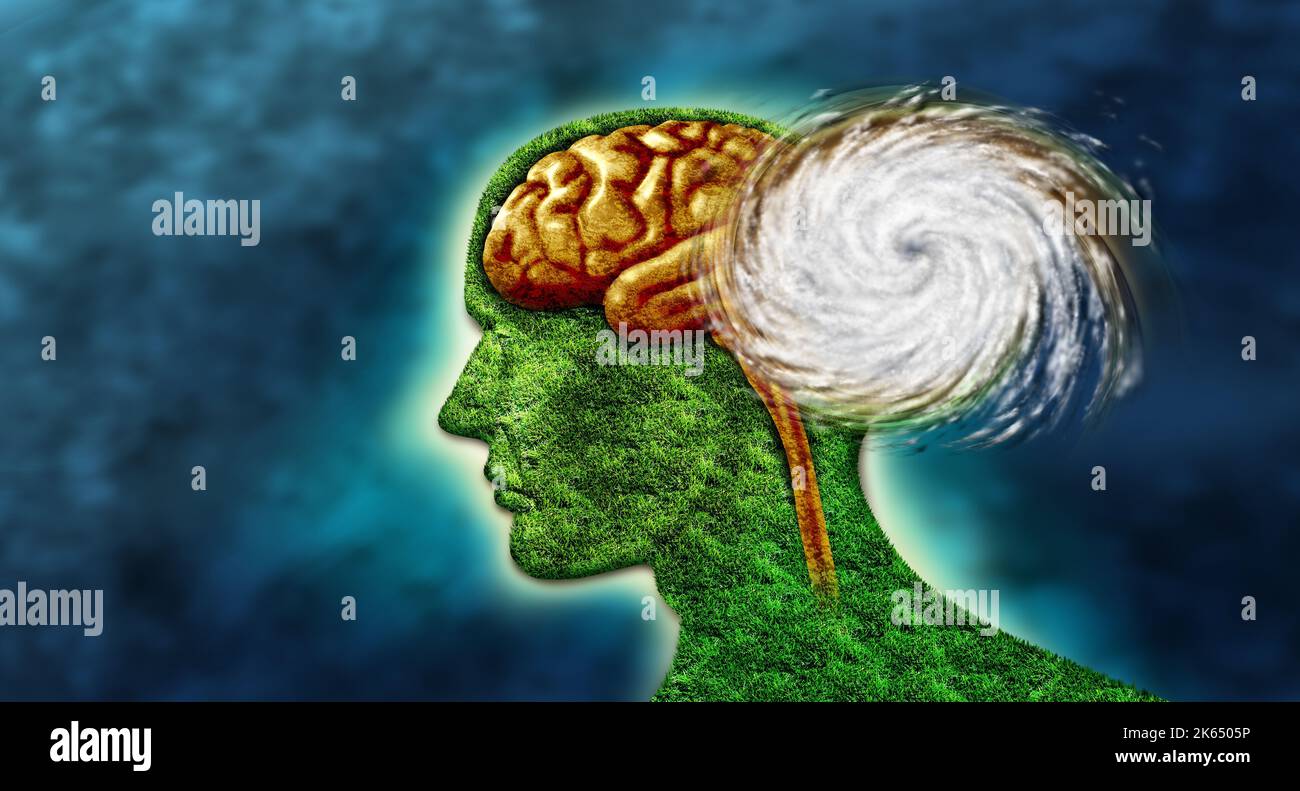Psychische Gesundheitskrise und psychiatrischer Stress oder Hirnstörungen Konzept als ein menschlicher Geist mit einem Tornado Wirbel auf einer Insel wie ein Kopf geformt. Stockfoto