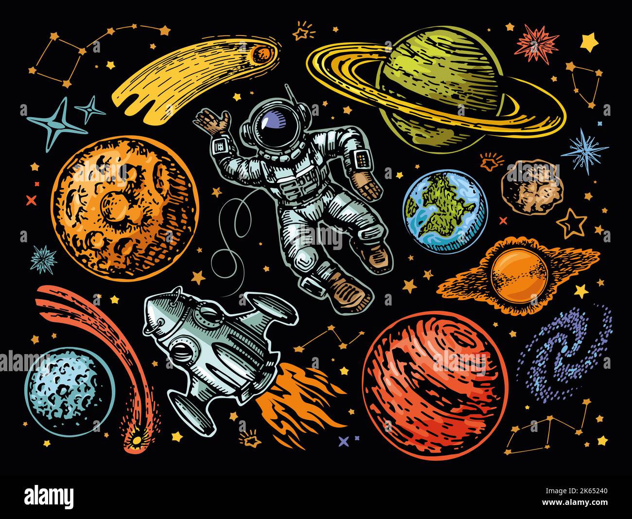 Raum futuristisches kreatives Design. Planeten und Raumschiff, Rakete, Sterne, Astronaut. Astronomie farbenfrohe Illustration Stockfoto