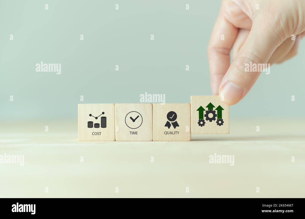 Projektmanagementdreieck: Zeit, Qualität, Kostenkonzept. Wertvolles Werkzeug für Priorisierung und Entscheidungsfindung. Verfügbare Lieferzeit, verfügbare Mon Stockfoto