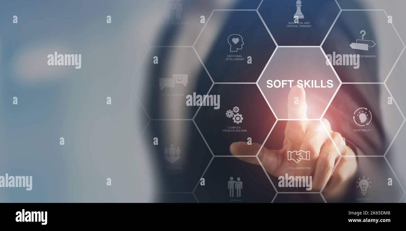 Soft Skills-Konzept. Zwischenmenschliche Fähigkeiten im Umgang mit Kollegen. Emotionale Intelligenz, Kommunikation, Problemlösung, Überzeugungsarbeit, Zusammenarbeit Stockfoto
