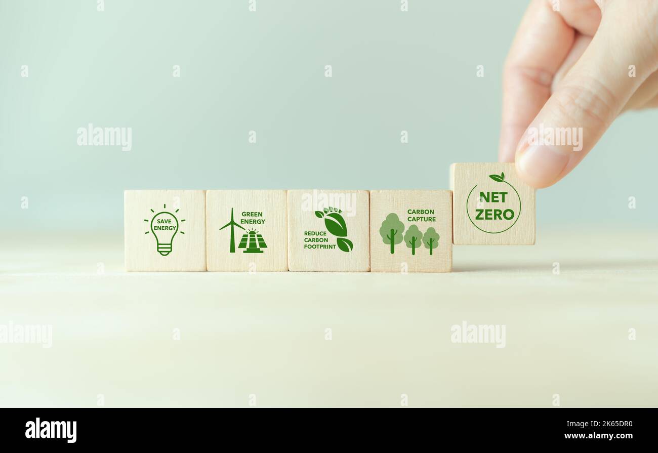 Konzept der Nullpunktbewegung. Sparen Sie Energie, grüne Energie, reduzieren Sie den CO2-Fußabdruck, CO2-Abscheidung. Klimaneutrale langfristige Strategie. Begrenzung der globalen Erwärmung Stockfoto