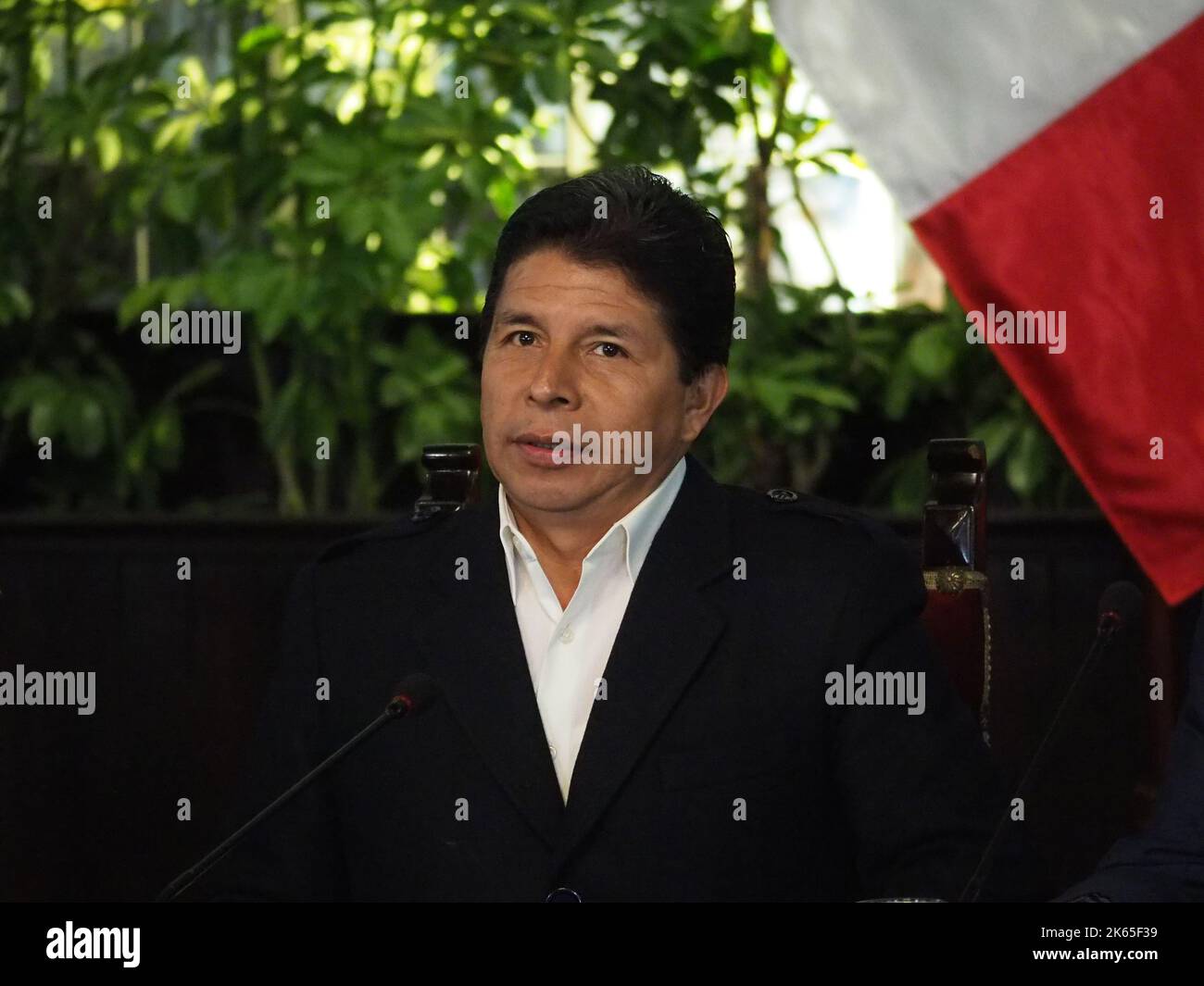 Pedro Castillo, Präsident von Peru, hält eine Notpressekonferenz für in Peru akkreditierte ausländische Korrespondenten ab und prangert einen Putschversuch an, der vom Staatsanwalt des Landes für die angebliche Führung einer kriminellen Organisation verfassungsrechtlich verurteilt wurde Stockfoto