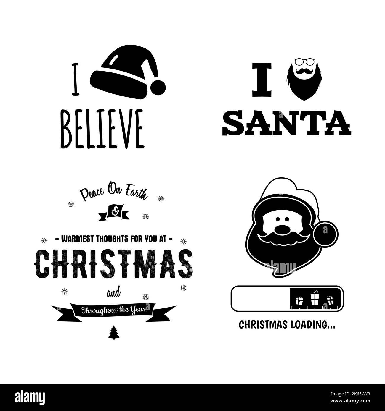 Illustration mit verschiedenen Weihnachtsaufklebern auf weißem Hintergrund Stockfoto