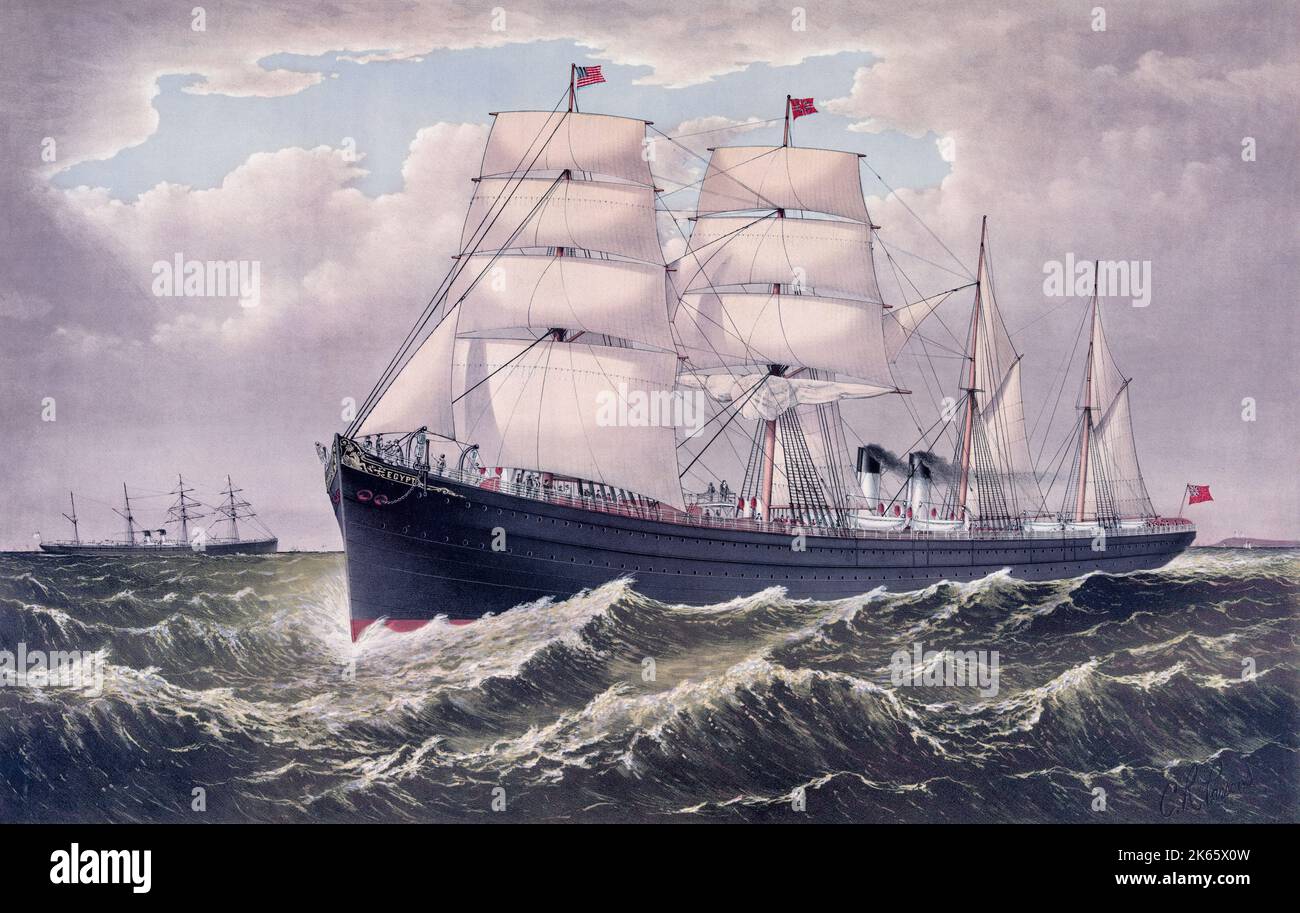 Die Dampfschiffe 'Spain' (links) und 'Egypt' der National Steamship Line kreuzen auf ihren Reisen von und nach Liverpool, England, Sandy Hook in der Nähe des Hafens von New York. Gezeichnet von Charles Richard Parsons (1844-1920), einem Künstler, der zuerst in Manhattan, dann in Brooklyn, lebt. Stockfoto
