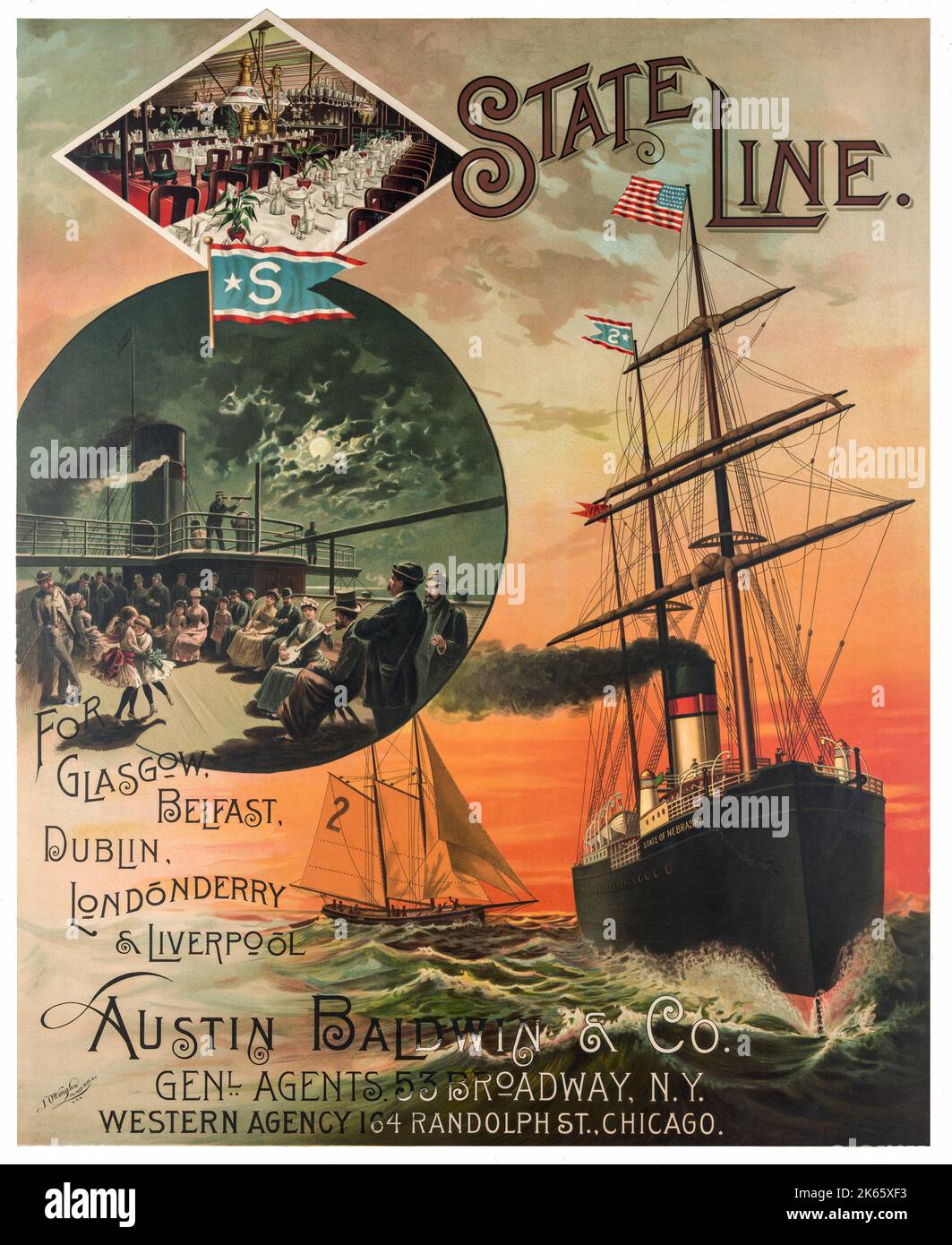 Werbeplakat für State Line, mit Fahrten zwischen Liverpool, Glasgow, Belfast, Dublin und Londonderry (aka Derry). Die Abbildung zeigt das Schiff 'State of Nebraska' und ein Segelboot auf dem Wasser, mit Einsätzen eines Speisesaals und Menschen an Deck des Schiffes. Erstellt von Jacob Ottmann (1849-1889). Stockfoto
