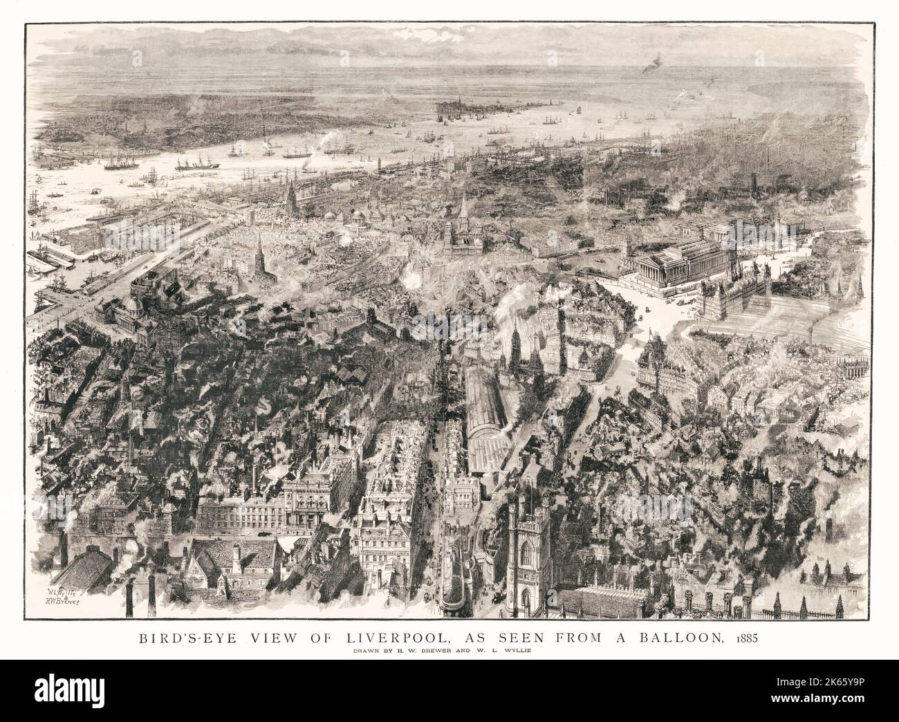 Eine Luftaufnahme von Liverpool, die von H W Brewer und W L Wyllie im Jahr 1885 gezeichnet wurde und das Stadtzentrum mit der St. George's Hall im Vordergrund zeigt. Die Zeichnung zeigt auch die St. George's Church, die 1825 an der Stelle des alten Schlosses erbaut wurde, bis 1899, als sie abgerissen und das Victoria Monument 1902 errichtet wurde. Stockfoto