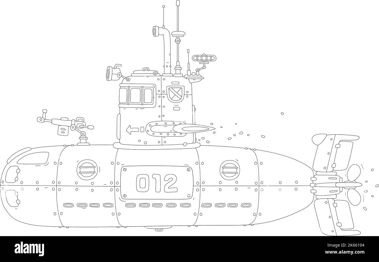 Marine-U-Boot mit einem Periskop ausgestattet, mit Torpedos und Gewehren bewaffnet, auf Kampfpatrouille im Ozean Stock Vektor