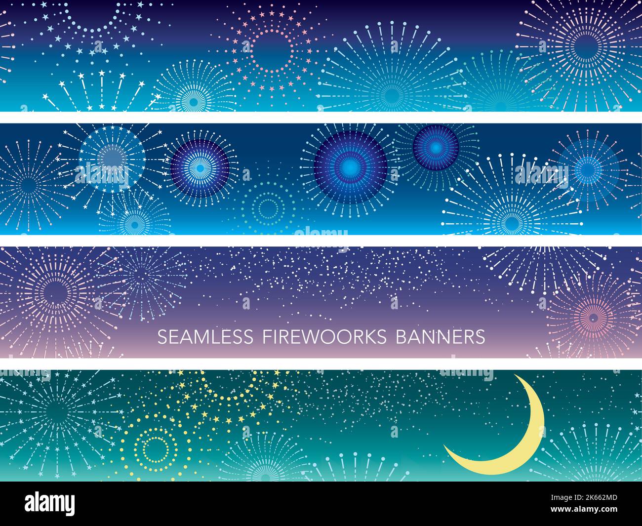 Seamless Vector Fireworks Hintergrund Illustration Set. Horizontal Wiederholbar. Stock Vektor