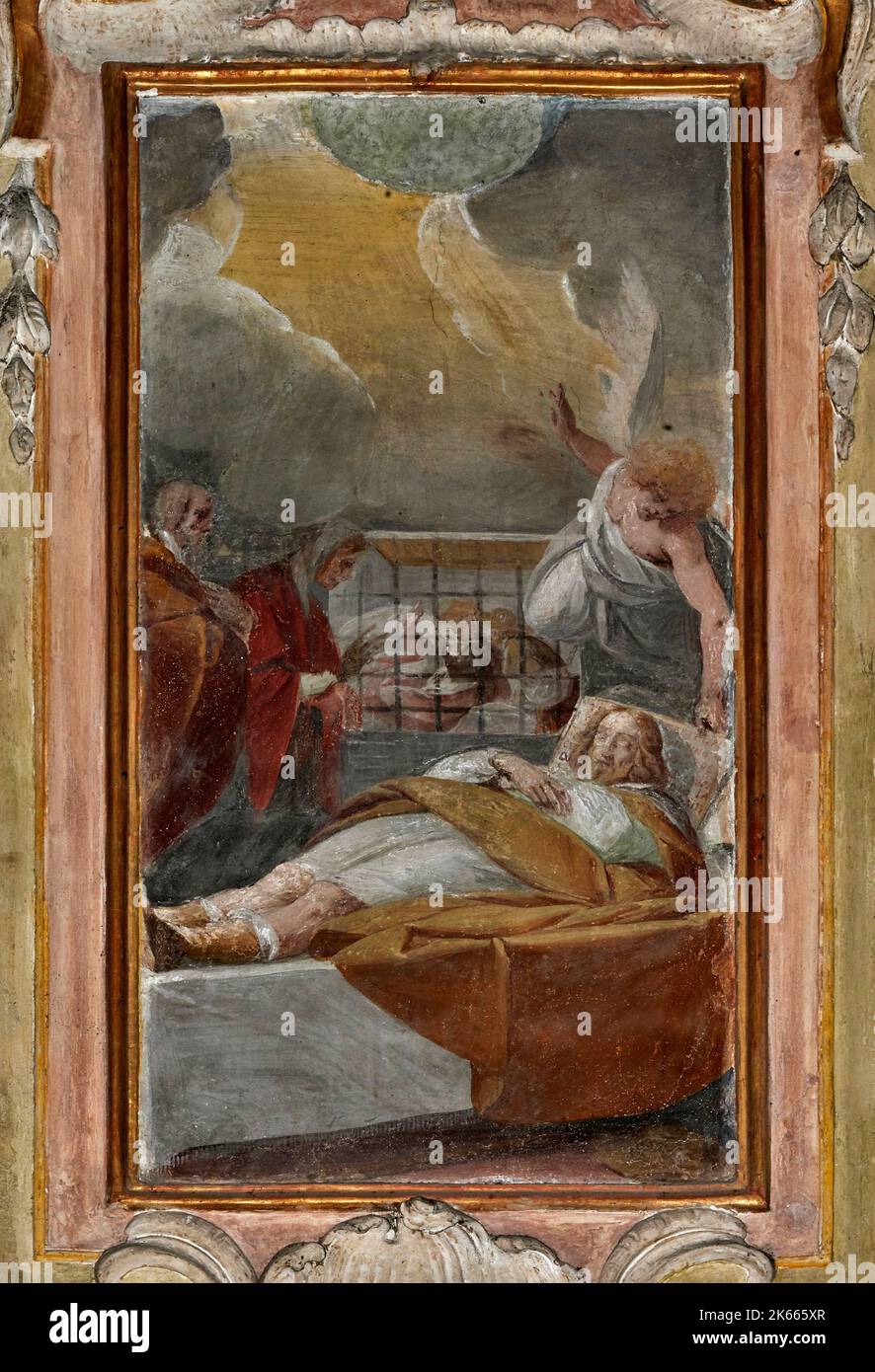 San Rocco in carcere confortato dall’ angelo - affresco - Pier Francesco Mazzucchelli detto il Morazzone - Primo Quarto del XVII secolo - Borgomaner Stockfoto