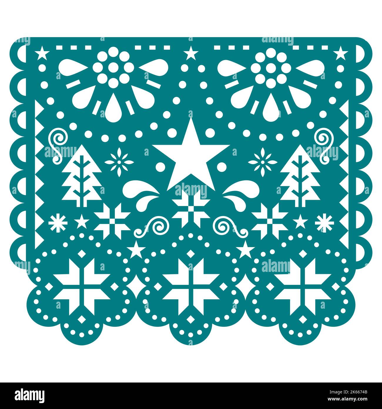 Weihnachtspapel Picado Vektor-Design mit Schneeflocken, Weihnachtsbäumen und Sternen, mexikanische Winterpapier Party Girlande Dekoration in grün Stock Vektor
