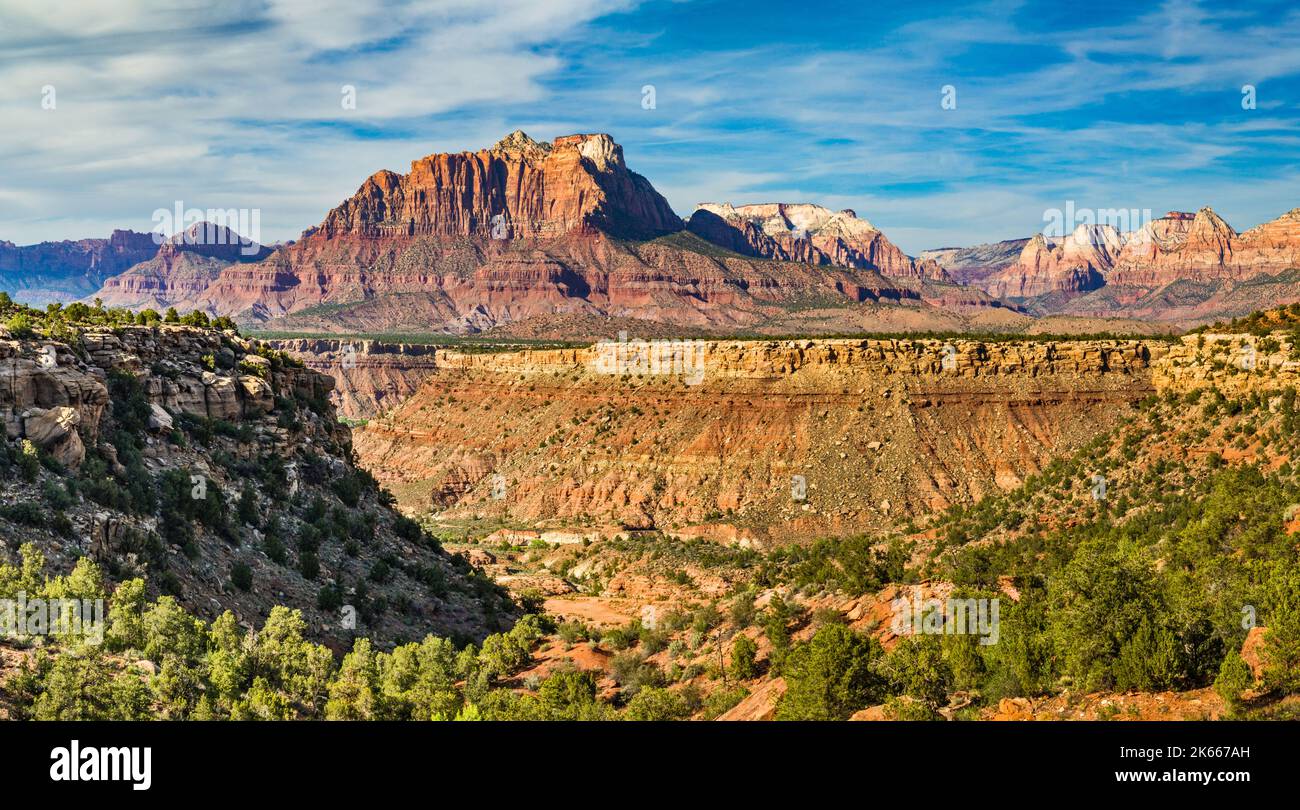 Mt Kinesava, Westtempel dahinter, im Zion National Park, Wire Mesa über South Wash im Vordergrund, von der Smithsonian Butte Road, Canaan Mtn Wilderness, Utah Stockfoto