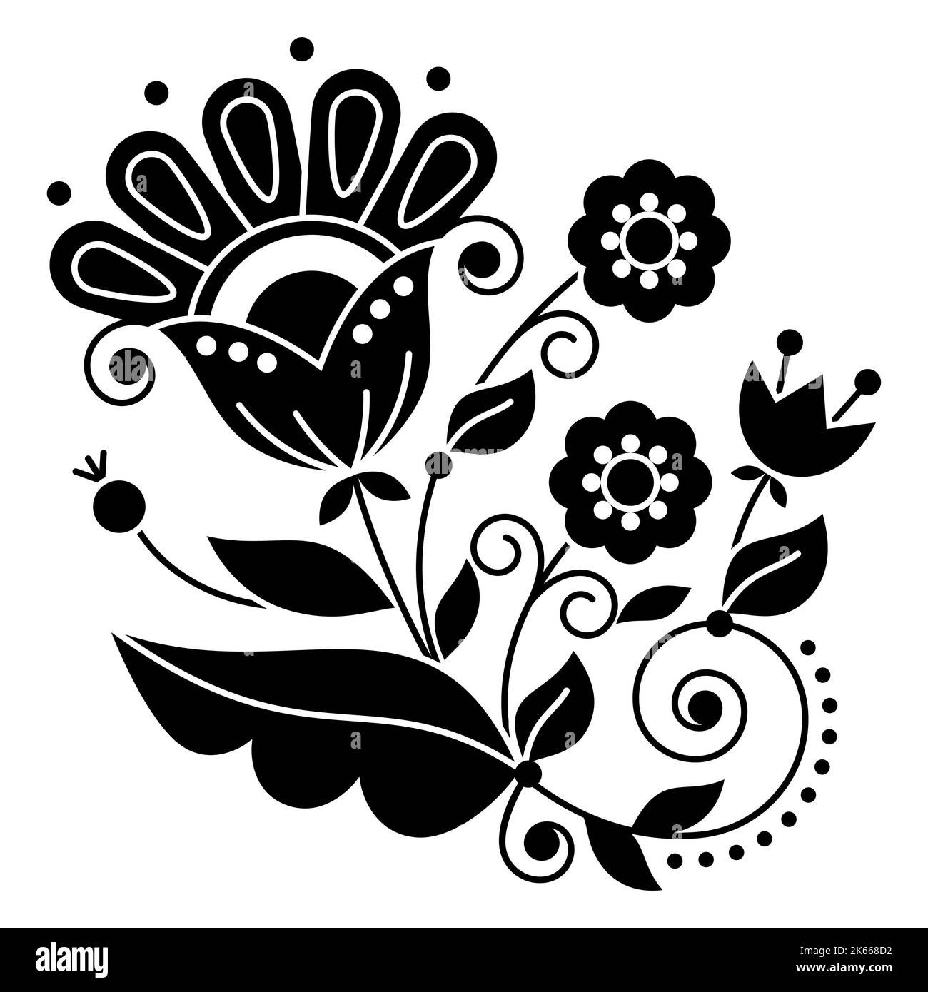 Florales Folk Art Vektor-Design inspiriert von traditionellen Stickereien aus Schweden, skandinavische Retro-Dekoration mit schwarzen und weißen Blumen, SWI Stock Vektor