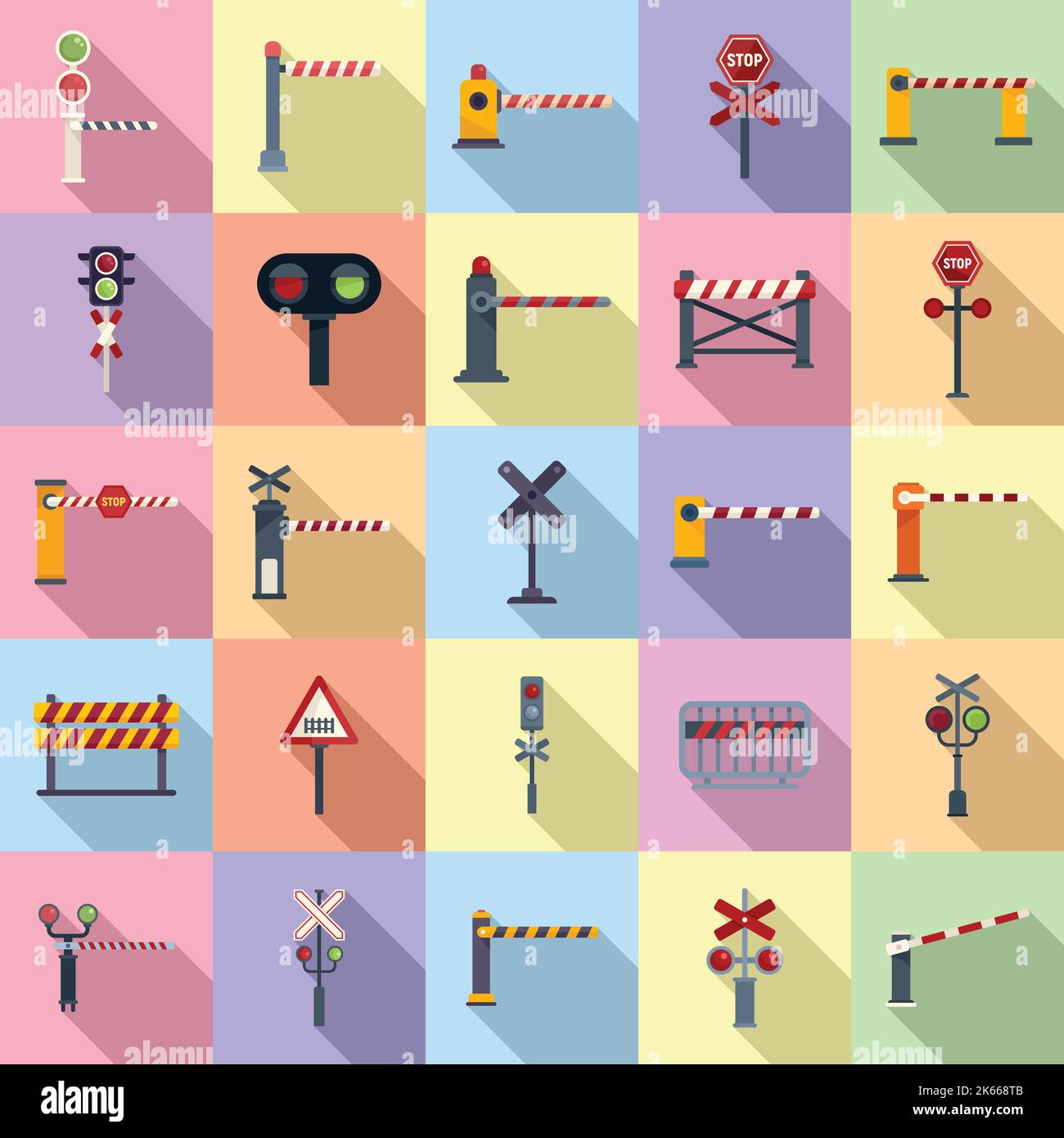 Symbole für Eisenbahnbarrieren setzen einen flachen Vektor. Überquerung der Eisenbahn. Schilderbarriere Stock Vektor
