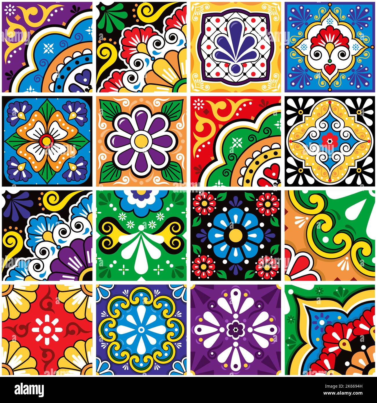 Mexikanische Fliesen Big Set Kollektion, talavera Ornamente Vektor nahtloses Design mit Blumen und Wirbeln Stock Vektor