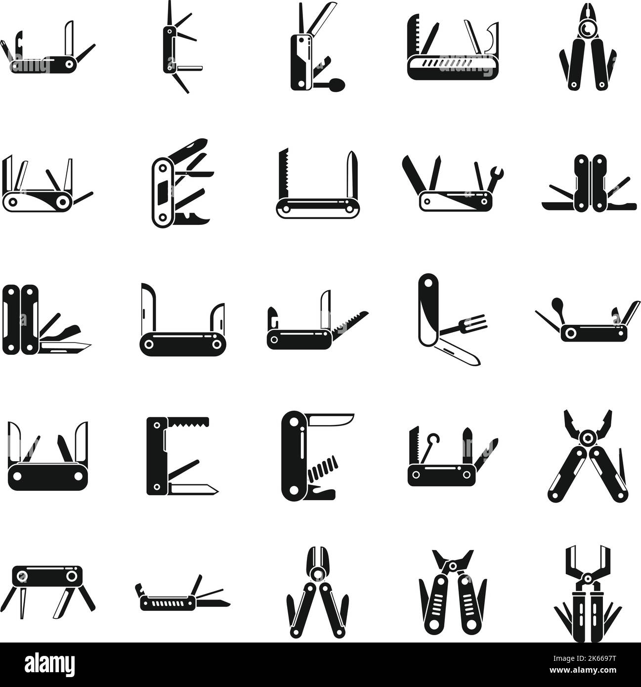 Multitool-Symbole setzen einen einfachen Vektor. Multifunktionales Messer. Klinge der Armee Stock Vektor