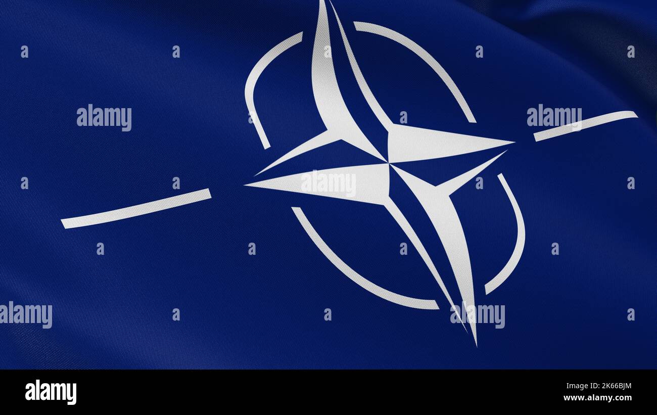 NATO-Flagge. Organisation Des Nordatlantikvertrags. Militärbündnis. Kompassrose Emblem Zeichen der europäischen Staaten USA Kanada Einheit Partnerschaft für den Frieden. Stockfoto