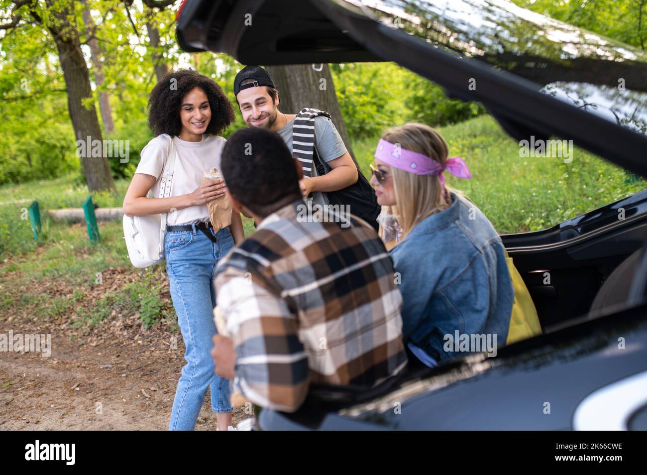 Junge Leute im Park in der Nähe des Autos reden und fühlen sich aufgeregt Stockfoto