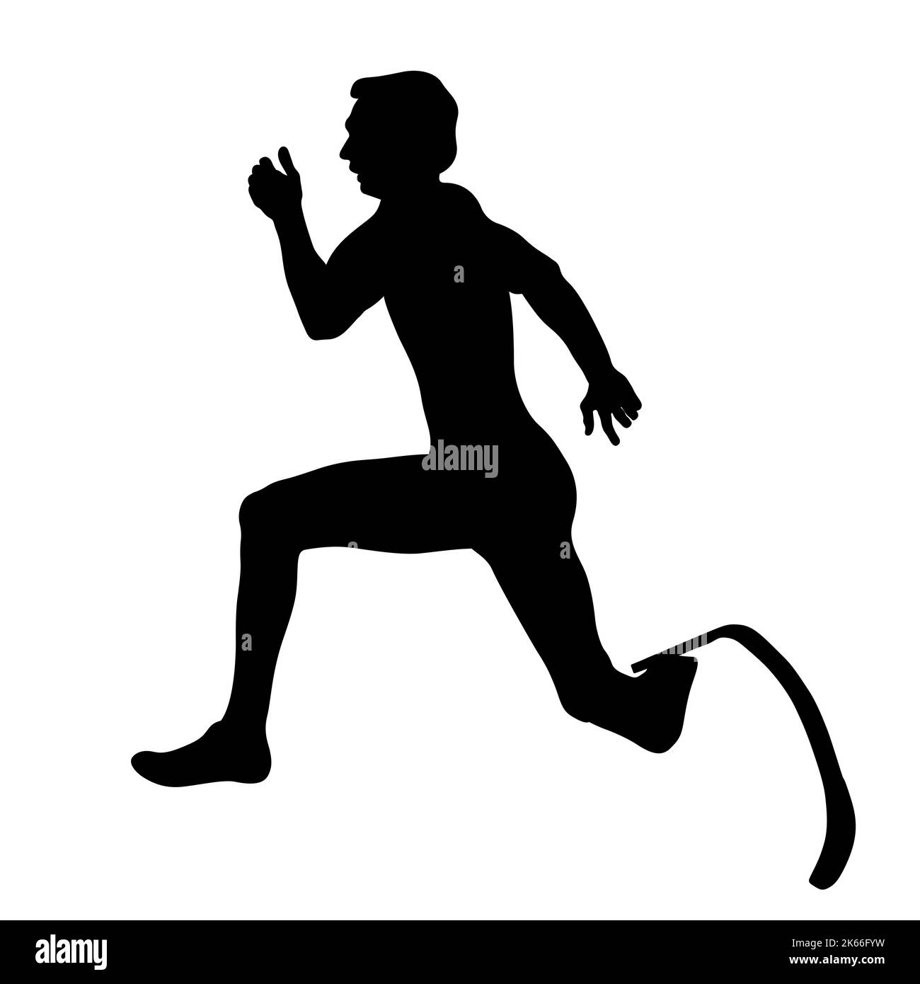Behinderter Läufer auf Prothese läuft schwarze Silhouette Stockfoto