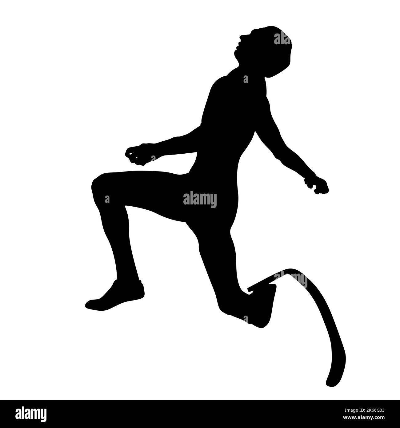 Behinderter Sportler auf Prothese Weitsprung schwarze Silhouette Stockfoto