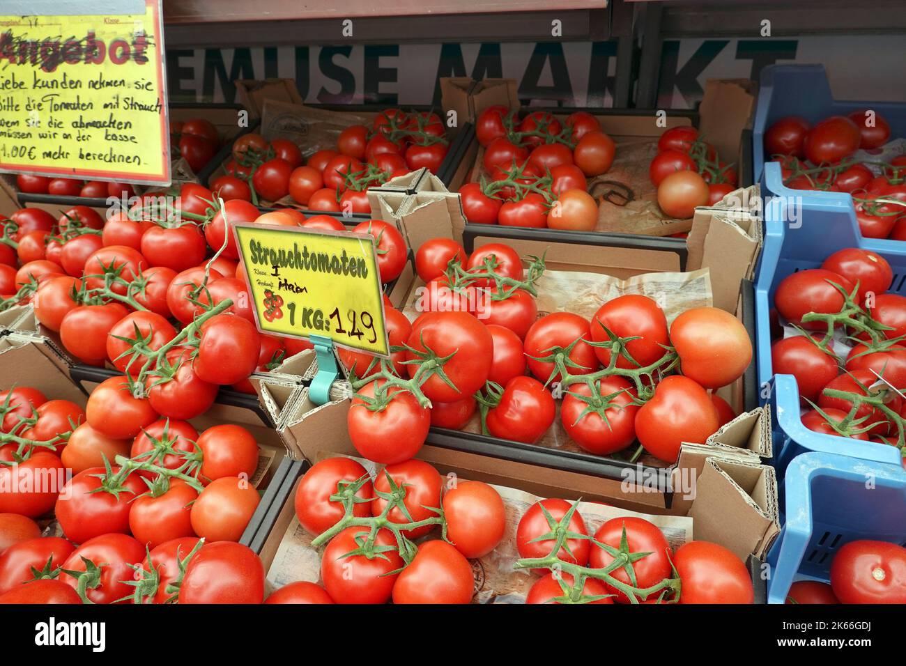 Tomate (Lycopersicon lycopersicum), weingereifte Tomaten zum Verkauf, Deutschland Stockfoto