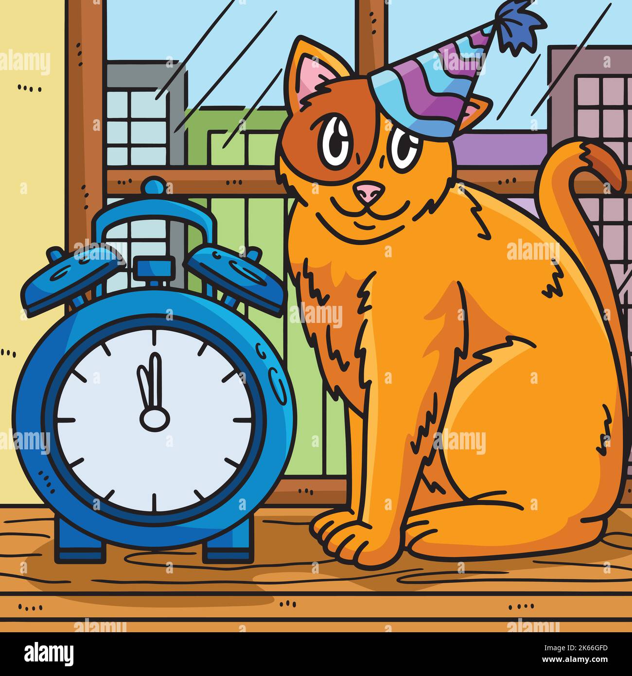 Neujahr Countdown Katze Und Uhr Farbige Cartoon Stock Vektor