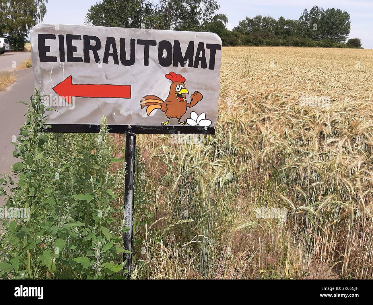 Schild am Straßenrand: Eierhändler, Deutschland, Brandenburg Stockfoto