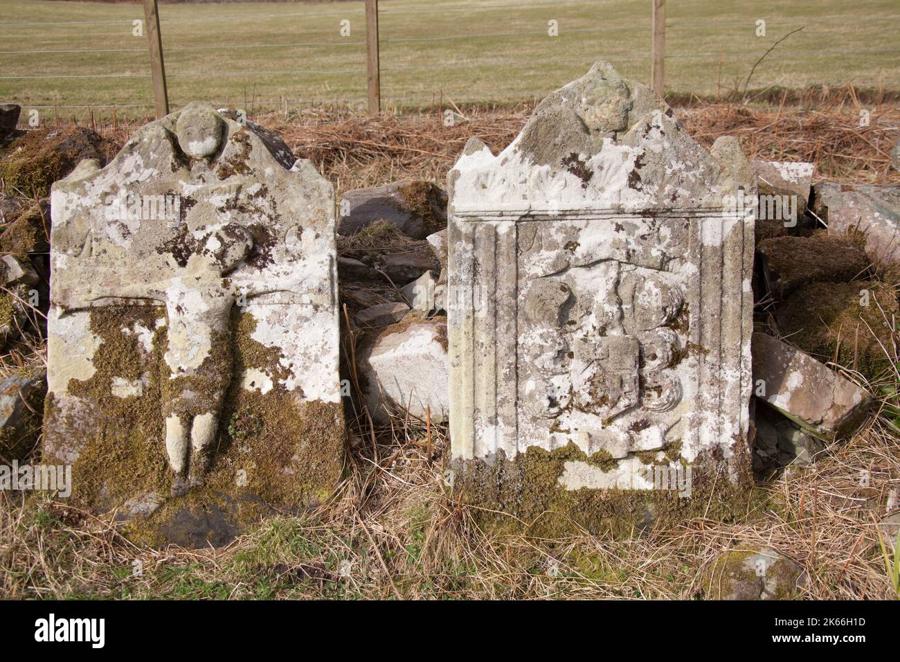 Halbinsel von Ardamurchan, Schottland. Nahaufnahme der Grabsteinschnitzereien bei Cladh Chiarain, dem Campbell-Friedhof, bei Camas nan Geall. Stockfoto