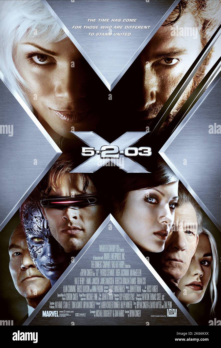 HALLE BERRY, Hugh Jackman, Patrick Stewart, James Marsden, Kelly HU, IAN MCKELLEN, Anna Paquin, X-Men 2, 2003 Stockfoto