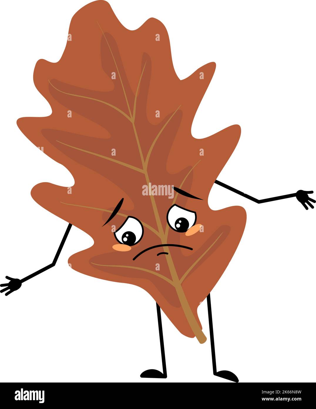 Eichenblatt-Charakter mit traurigen Emotionen, deprimiertem Gesicht, Augen, Armen und Beinen. Waldpflanze im Herbst braune Farbe. Vektorgrafik flach Stock Vektor