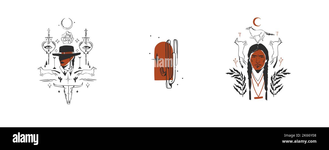 Handgezeichnete abstrakte Vektor Grafik Cliparts Illustrationen Logo Set Kompositionen.Wild Western Design Konzept.Böhmische wilden Westen zeitgenössische Kunst.Cowboy Stock Vektor