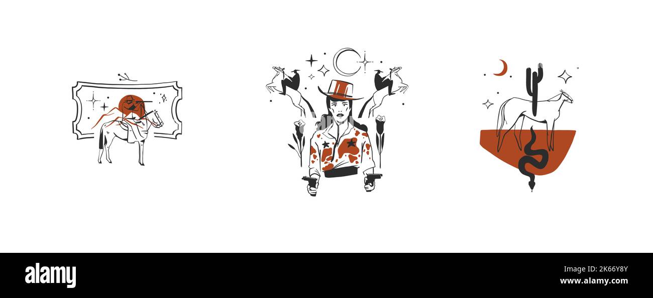 Handgezeichnete abstrakte Vektor Grafik Cliparts Illustrationen Logo Set Kompositionen.Wild Western Design Konzept.Böhmische wilden Westen zeitgenössische Kunst.Cowboy Stock Vektor