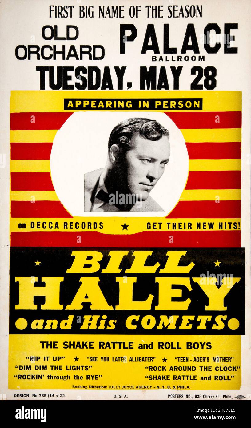Bill Haley & His Comets 1957 Konzertposter mit 'Rock Around the Clock' aufgeführt. Eine Vintage Rock 'n' Roll Fensterkarte, die am Dienstag, den 28. Mai 1957, eine Show in Old Orchard Beach, Maine, anwirbt Stockfoto
