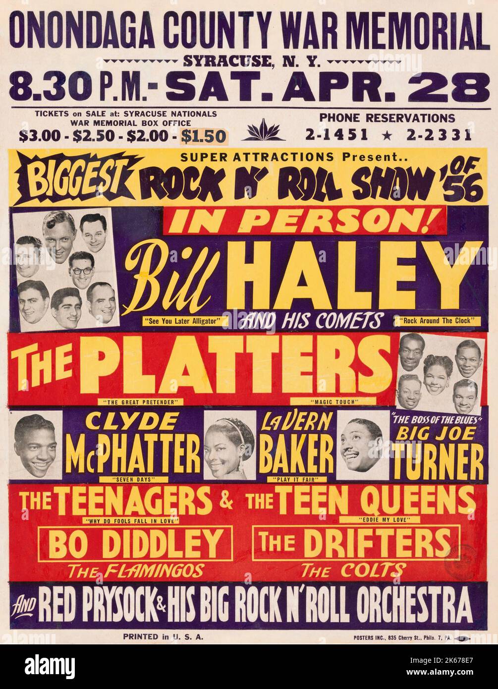 Bill Haley & His Comets, The Platters, Bo Diddley, The Drifters 1956 'Biggest Rock 'n' Roll Show' Jumbo Concert Poster - Onondaga County war Memorial, Syracuse, New York Stockfoto