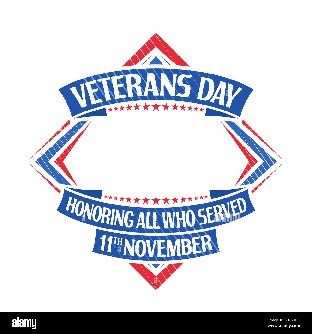 Vektorrahmen für Veterans Day mit leerem Kopierplatz für Glückwünsche, Rhombus-Etikett mit Illustration von blauen festlichen Bändern, roten Ziersternen Stock Vektor