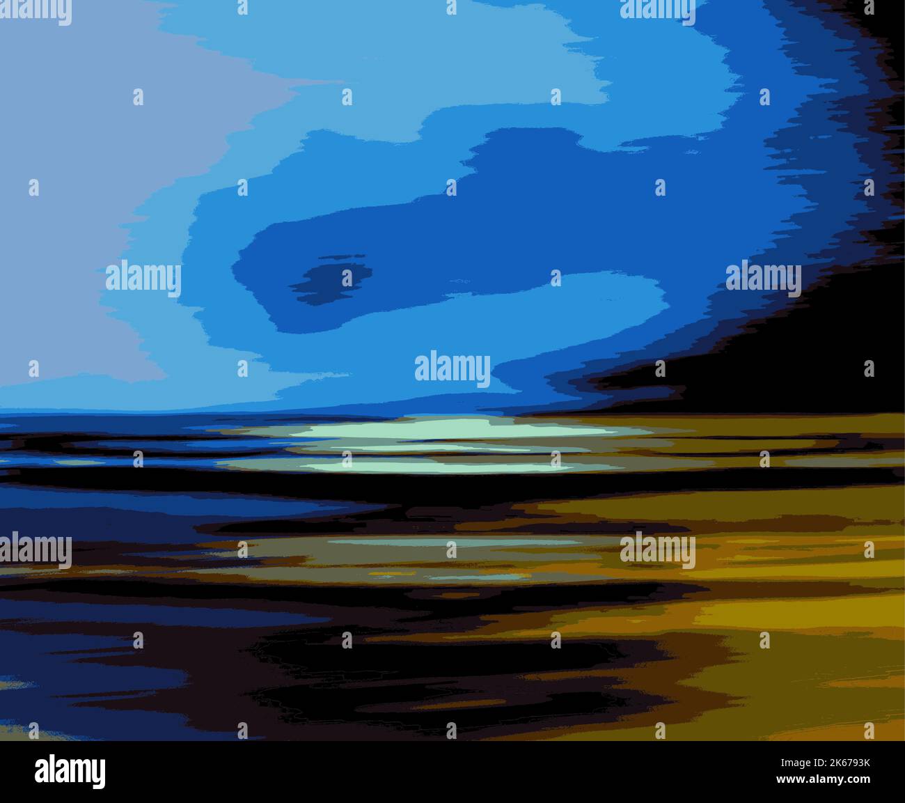 Abstrakte Landschaftskunst Illustration mit Strand, Himmelswolken und Ozeanvektor - Blaue Farben Stock Vektor