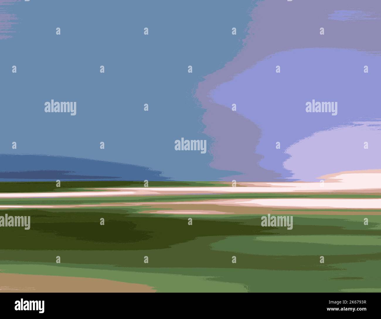 Abstrakte Landschaftskunst Illustration mit Strand, Himmelswolken und Ozeanvektor - Blau und Grün Farben Stock Vektor