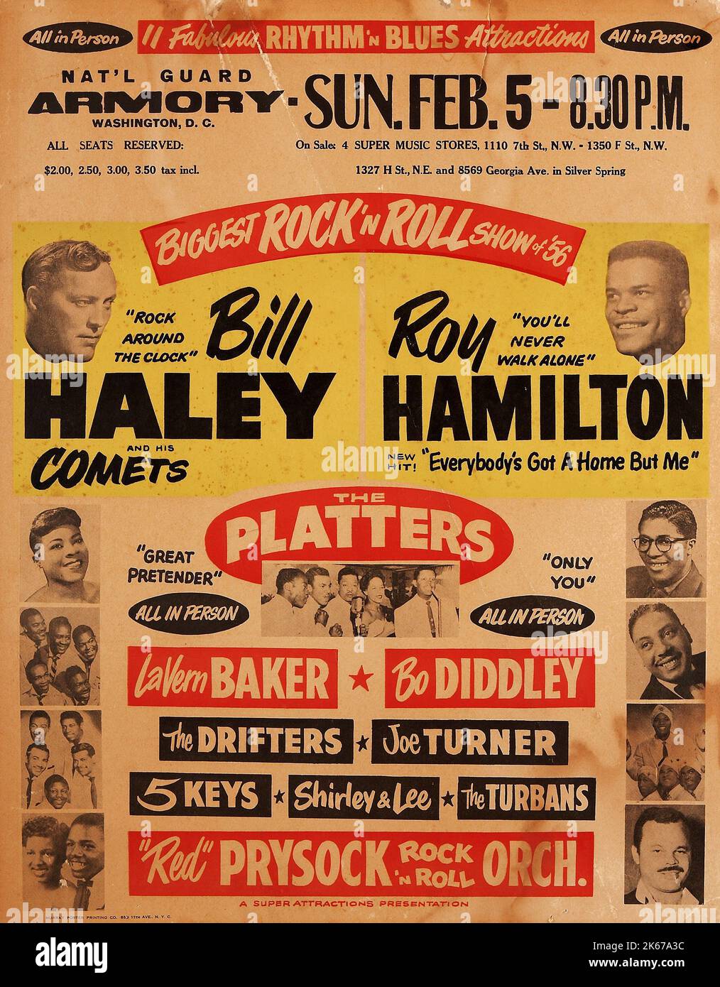 Bill Haley and his Comets - Roy Hamilton - Rock 'n Roll Show National Guard Armory Washington D. C. Konzertposter (1956) ebenfalls zu sehen: The Platters, The Drifters und Bo Diddley Stockfoto