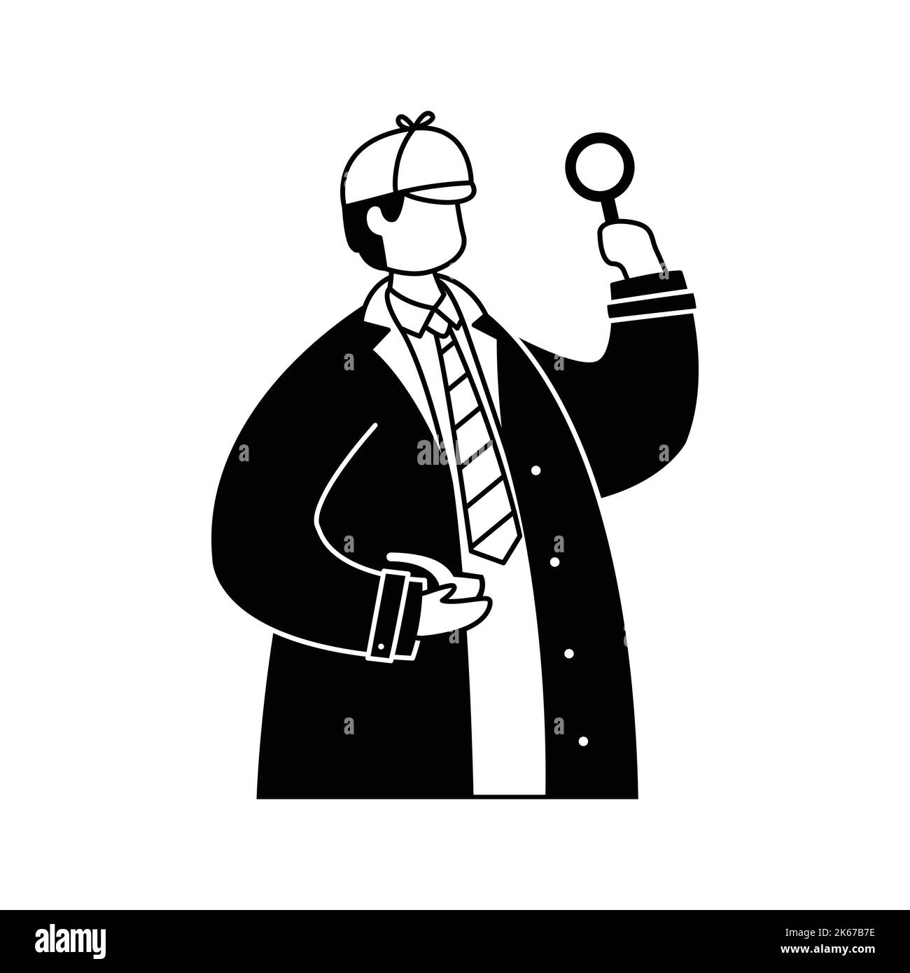 Vektordarstellung eines Privatdetektivs in einem Regenmantel mit einer Lupe in den Händen und einer Rauchpfeife. Beruf. Strichkunst Stock Vektor
