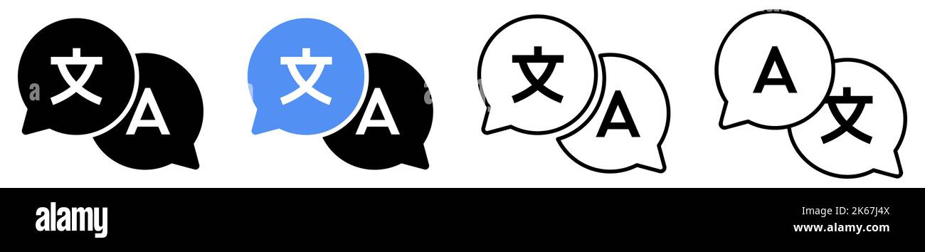 Symbolsatz für Übersetzer. Chat-Blasen mit Sprachübersetzungssymbolen in verschiedenen Stilen. Stock Vektor