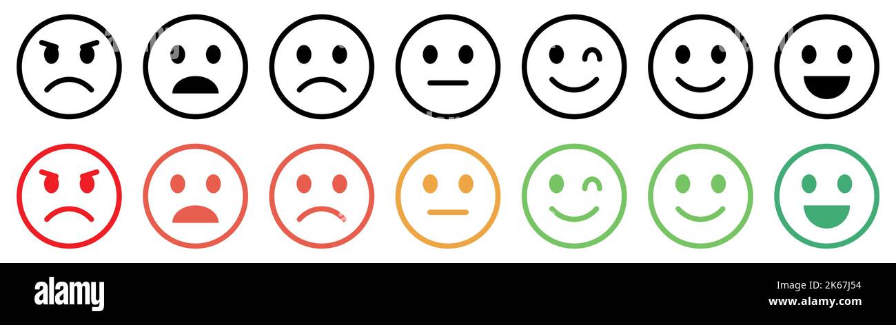 Set von Emoticons mit unterschiedlichen Stimmungen. Schlecht, schrecklich, normal, gut, ausgezeichnet. Emoji Faces Kollektion. Stock Vektor