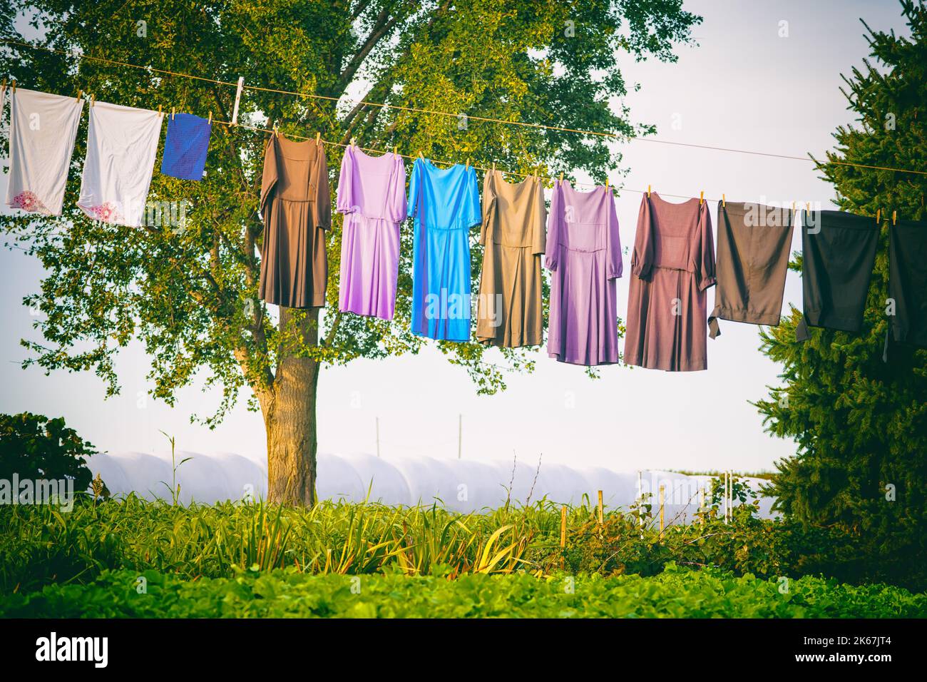 Verschiedene farbige Kleider trocknen auf dem Seil in Farm in Lancaster, Pennsylvania, USA. Stockfoto