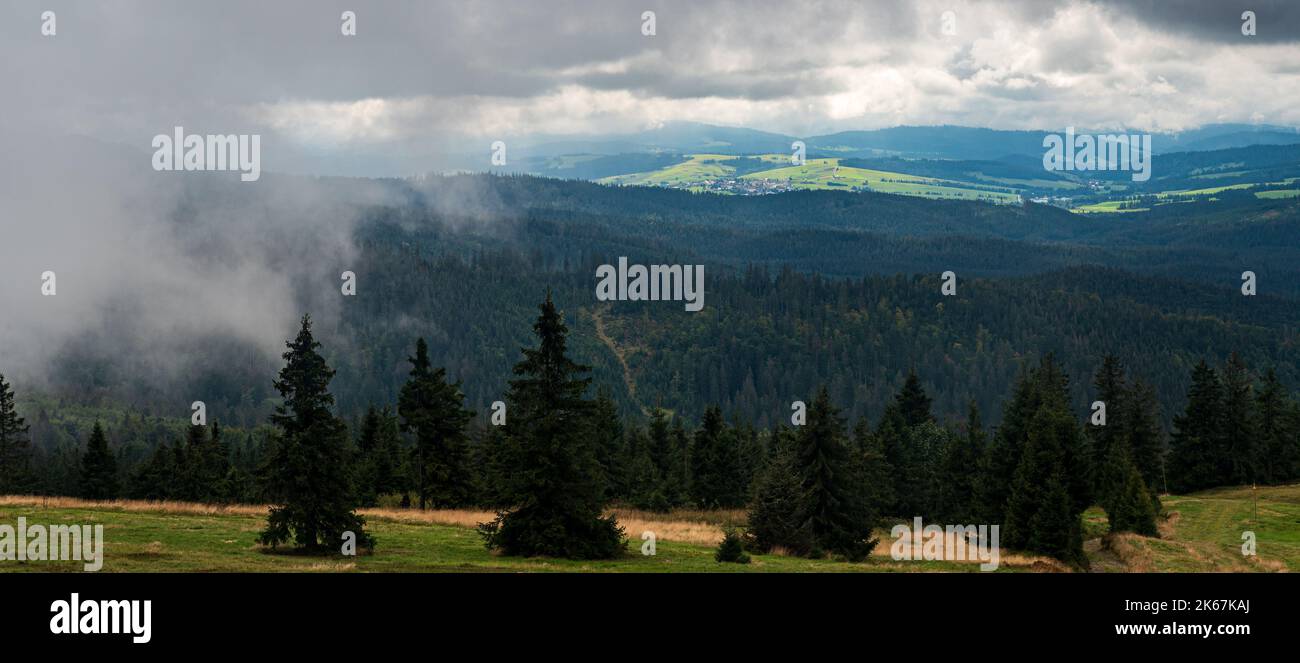 Blick von Hala Rysianka in Beskid Zywiecki Gebirge in Polen in der Nähe der Grenzen zur Slowakei Stockfoto