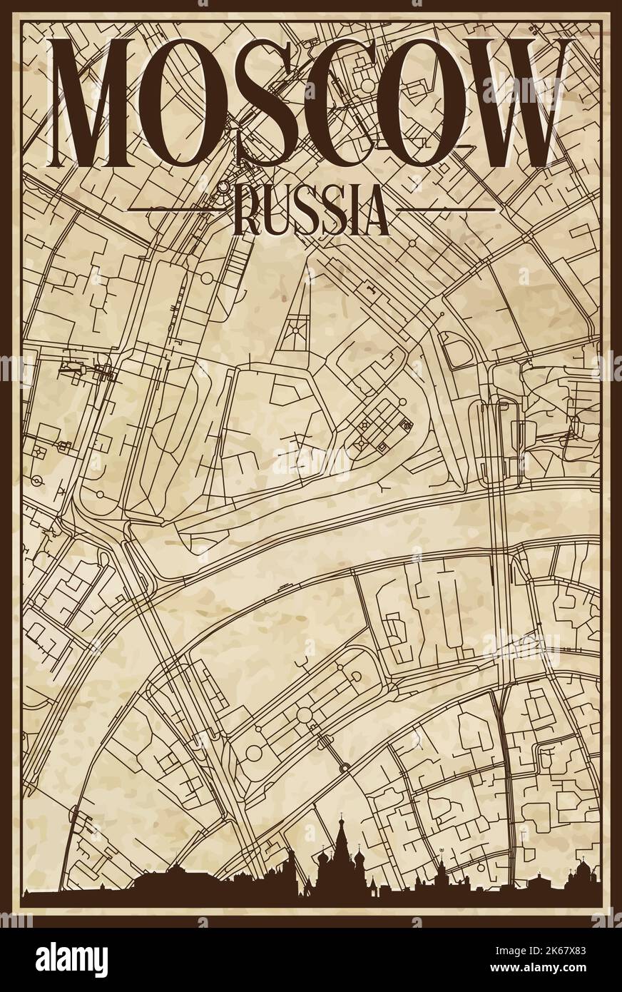 Braun vintage handgezeichneten Ausdruck Straßen Netzwerk Karte der Innenstadt VON MOSKAU, RUSSISCHE FÖDERATION mit braunen 3D Skyline und Schriftzug Stock Vektor
