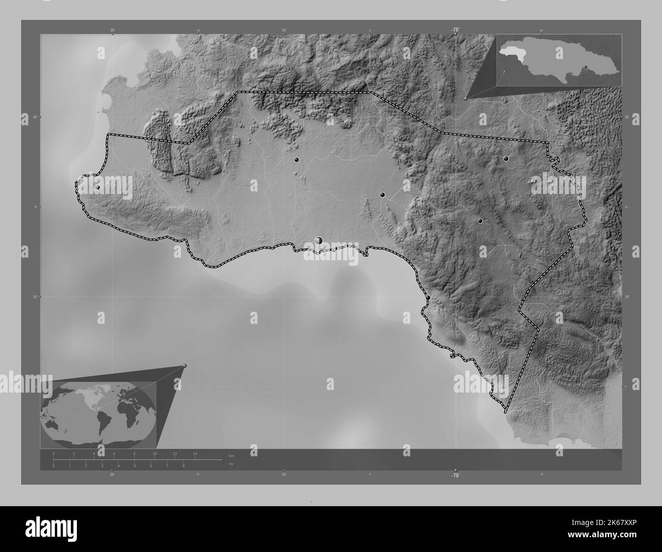 Westmoreland, Gemeinde von Jamaika. Höhenkarte in Graustufen mit Seen